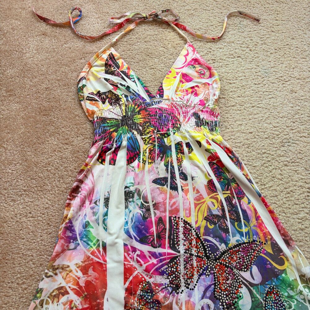 y2k fairycore euro whimsy butterfly rhinestone halter dress
